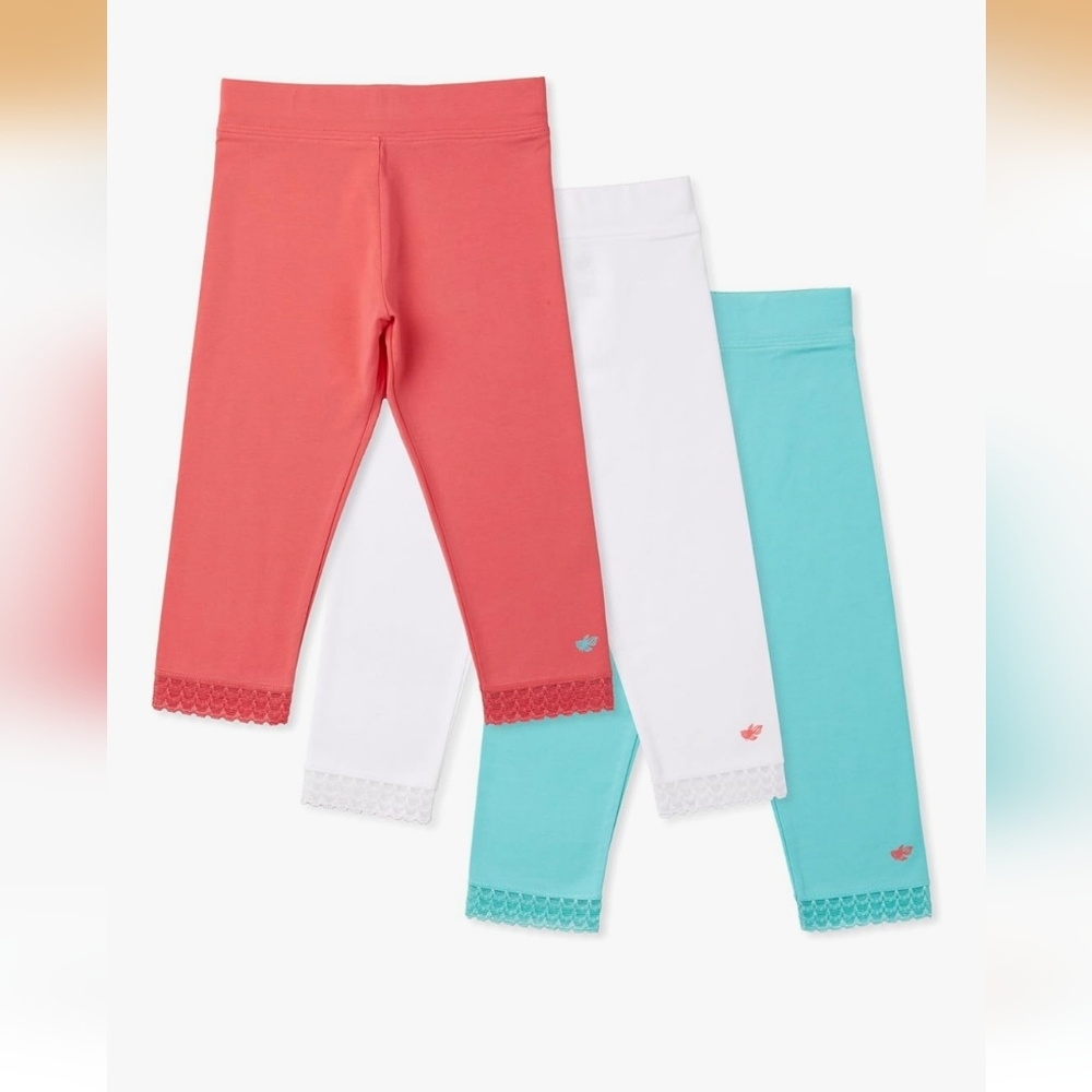 Girls Lucky & Me Lace Hem Capri Leggings - Coral, White, Aqua (3-Pack) Size 9-10